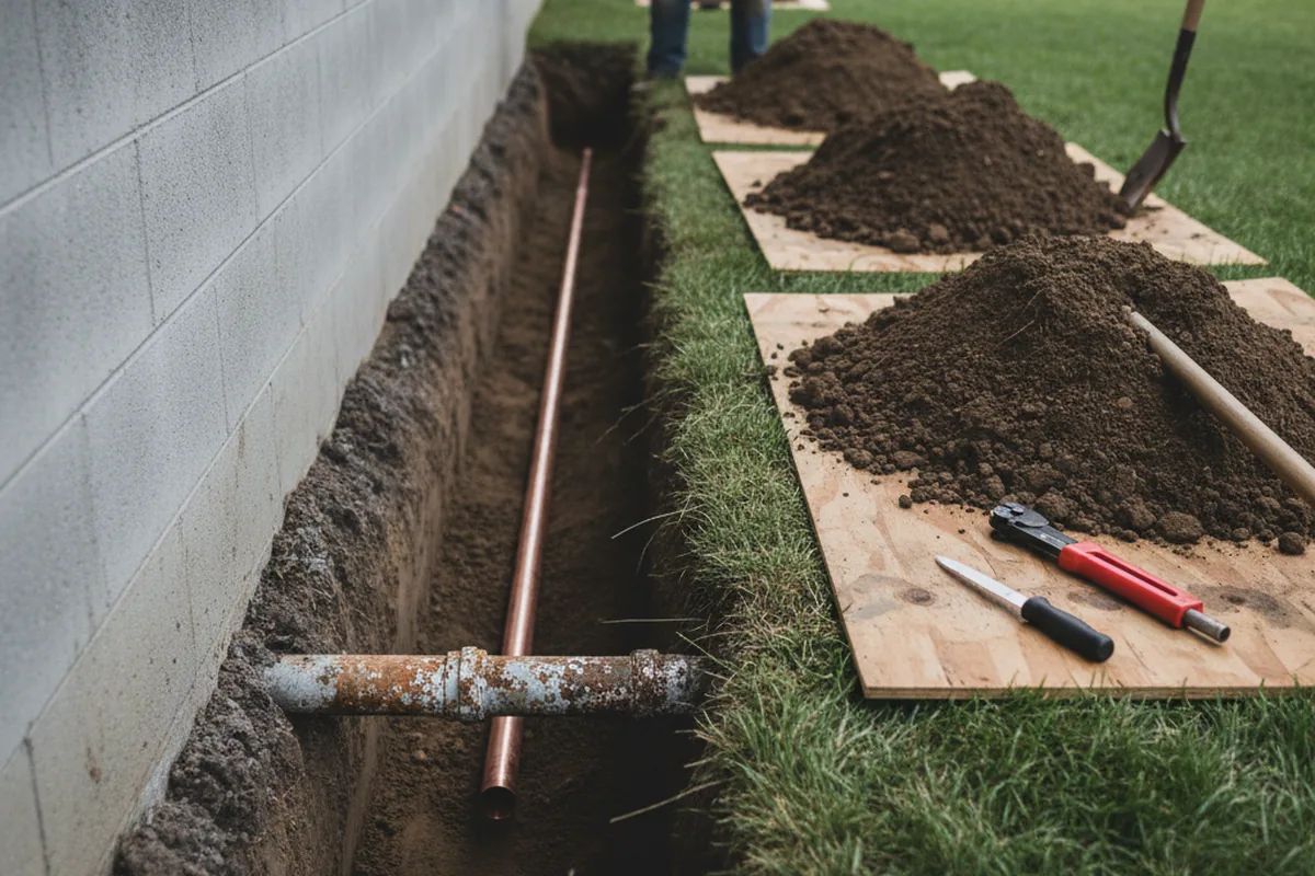 Excavated water line trench during Sewer Line Repair in Colbert